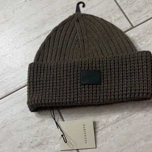 All Saints gull brown beanie ..2 different knits .. black logo patch ..nwt